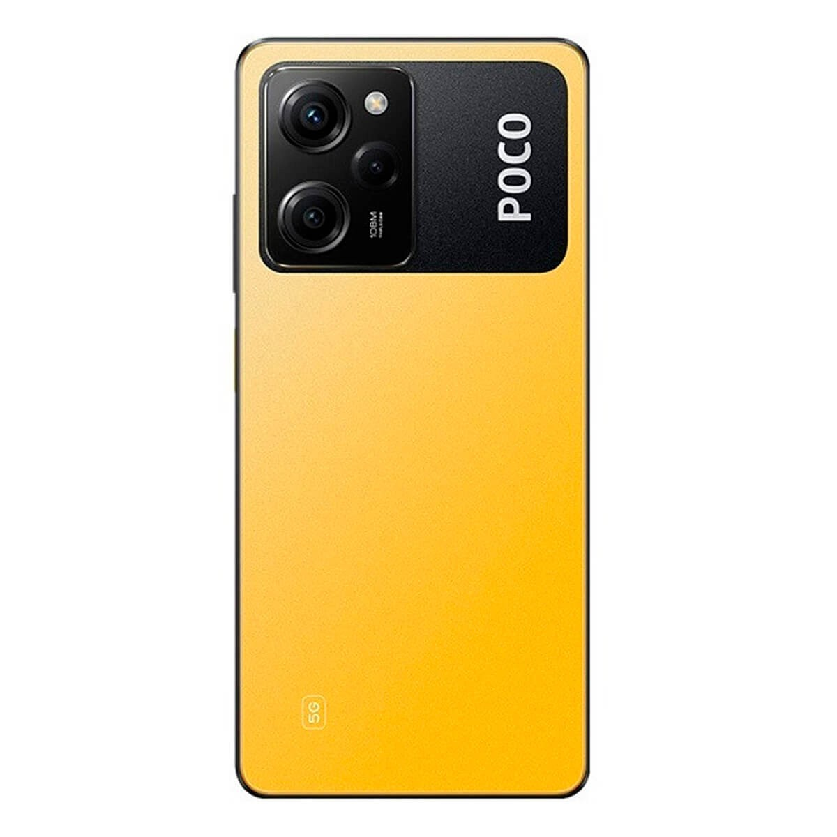 Parte trasera de un smartphone POCO amarillo con triple cámara y módulo negro.