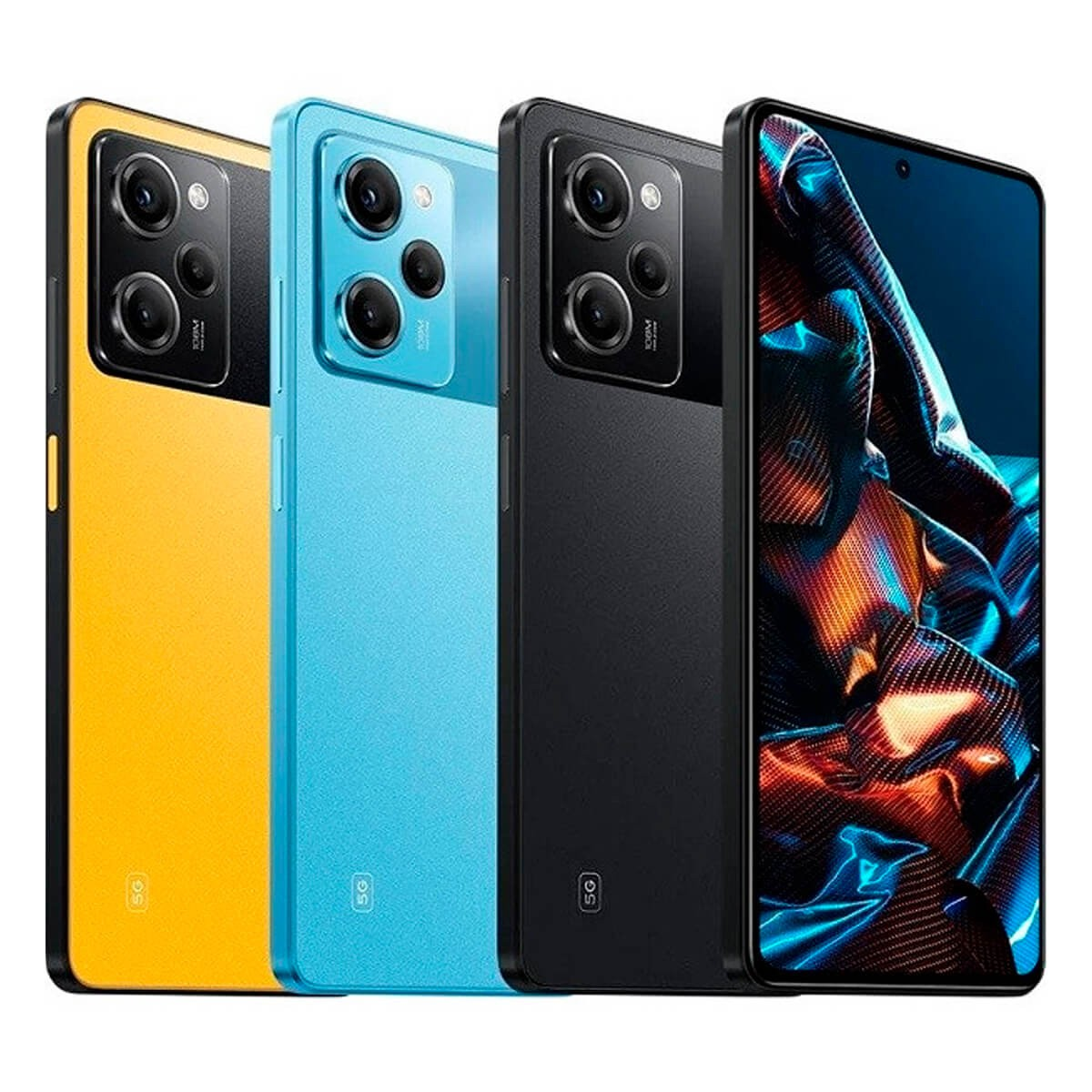 Cuatro teléfonos inteligentes en amarillo, azul claro, negro y uno de frente con pantalla brillante.