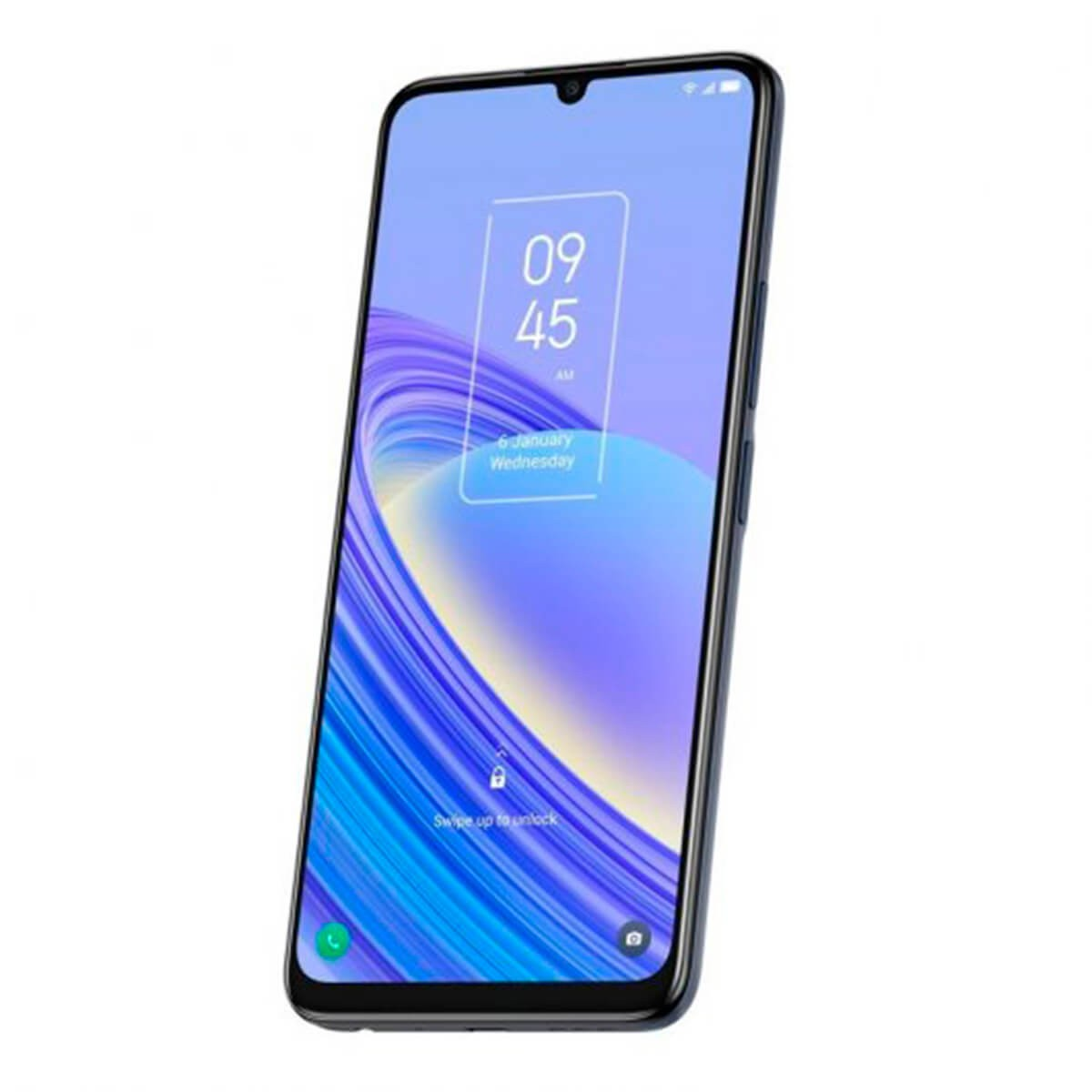 Een smartphone met een blauwe wervelende achtergrond met de tijd 09:45.