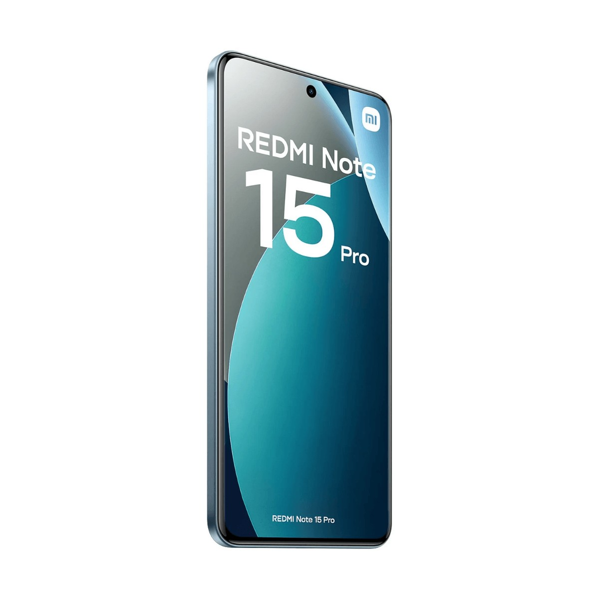 Uno smartphone blu Redmi Note 15 Pro mostra uno schermo blu e nero con testo bianco.