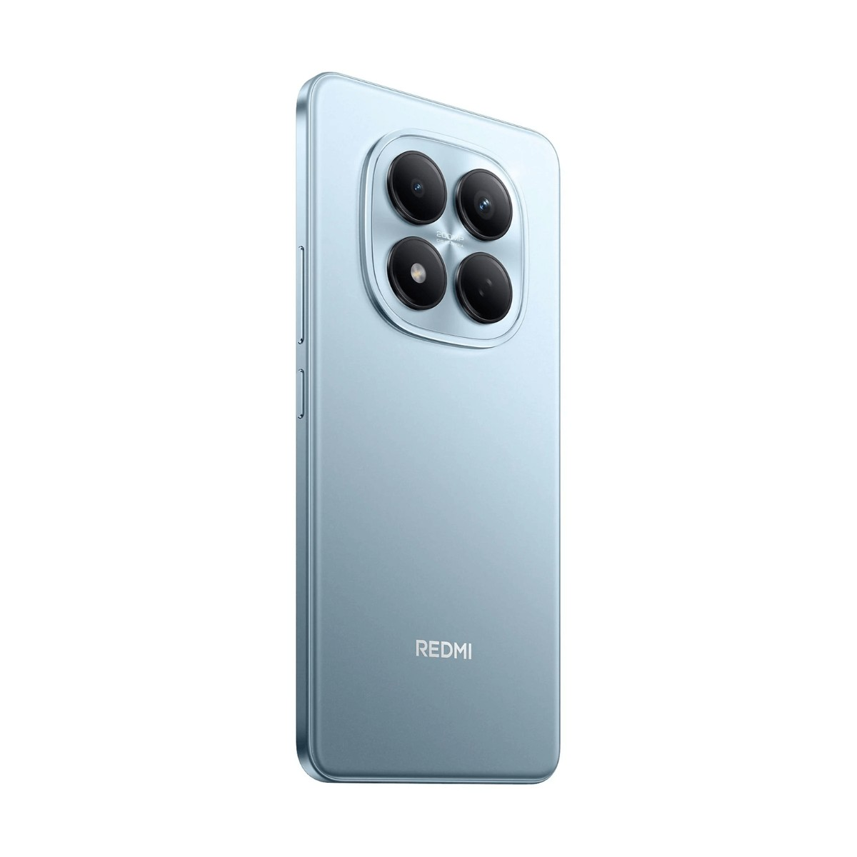 Uno smartphone Redmi azzurro visto da dietro, con un grande modulo fotocamera quadrato a quattro lenti e logo.
