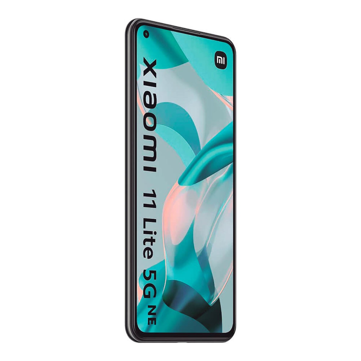 Uno smartphone nero Xiaomi 11 Lite 5G NE su sfondo bianco con uno sfondo astratto color ottanio.