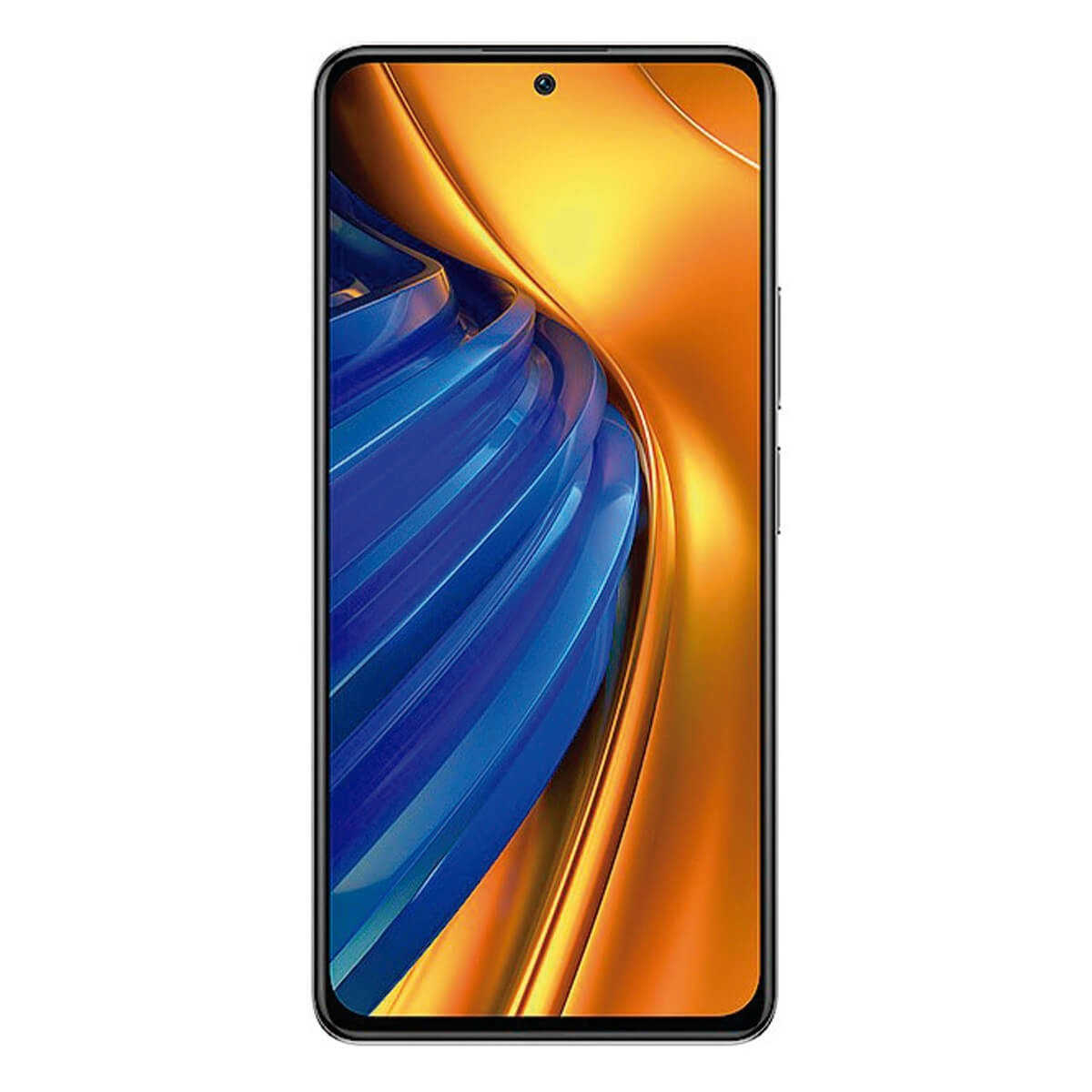 Un smartphone que muestra un vibrante fondo abstracto con ondas azules y naranjas sobre fondo oscuro.