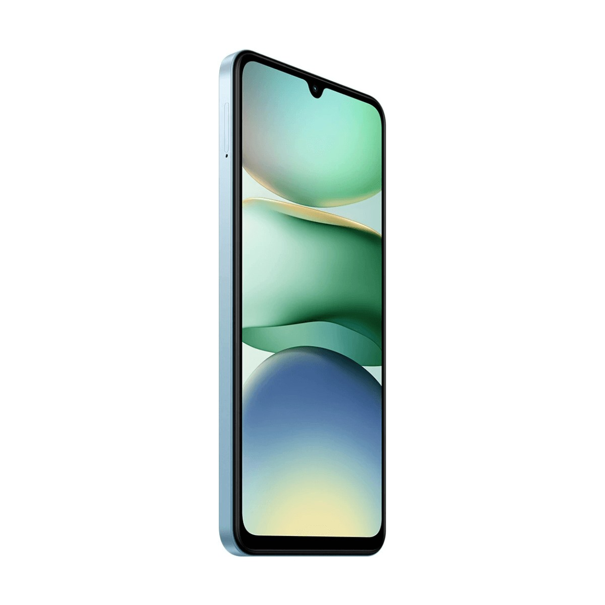Uno smartphone azzurro con notch a goccia mostra uno sfondo astratto verde e blu.