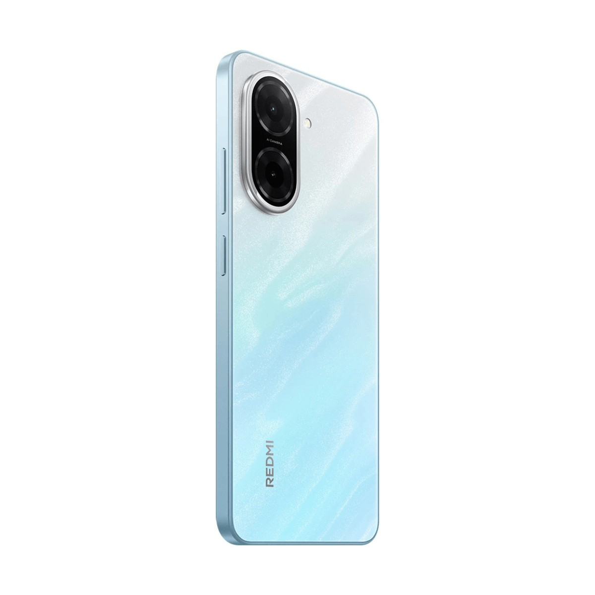 Retro di uno smartphone Redmi azzurro con due fotocamere verticali a sinistra e logo Redmi.