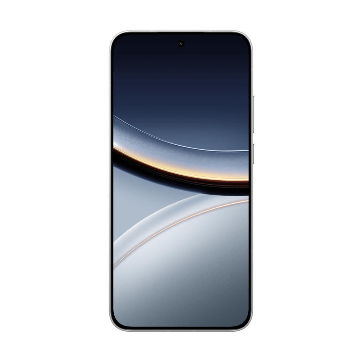 Un teléfono inteligente con pantalla curva y fondo de pantalla abstracto azul y plateado.