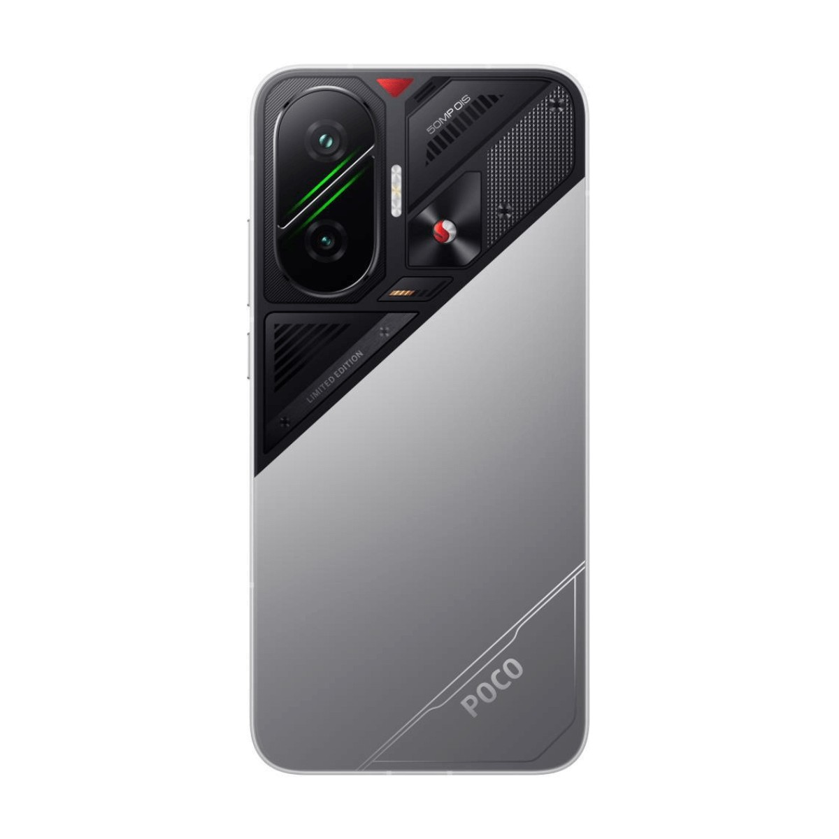 Parte trasera de un smartphone POCO gris con dos cámaras, patrones geométricos y texto "LIMITED EDITION".