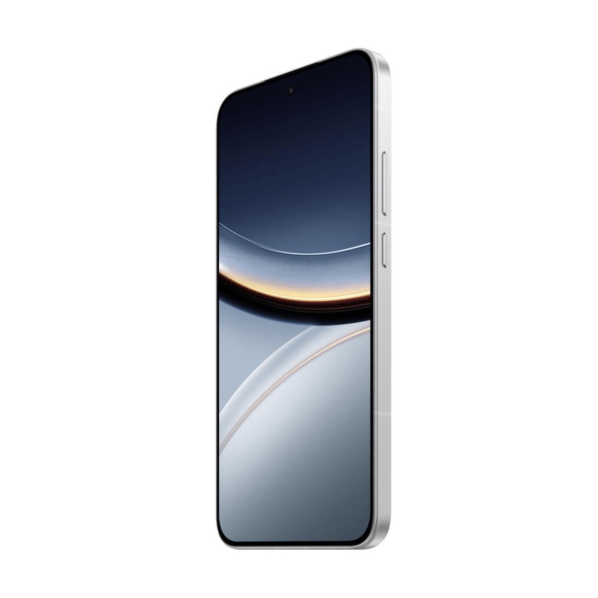 Un teléfono inteligente blanco con pantalla brillante y líneas de diseño curvas sobre fondo blanco.
