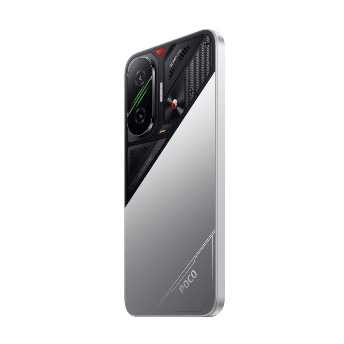 Parte trasera de un smartphone POCO plateado con diseño futurista, módulo de cámara doble y logo POCO.