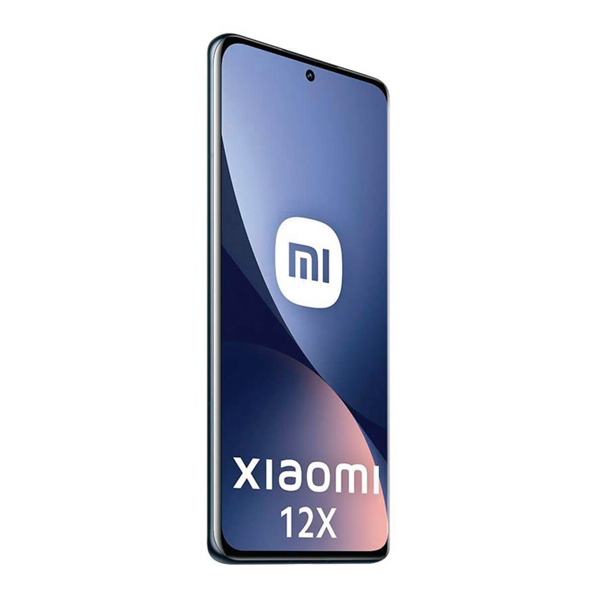 Schwarzes Xiaomi 12X Smartphone mit blauem Bildschirm und weißem MI-Logo.