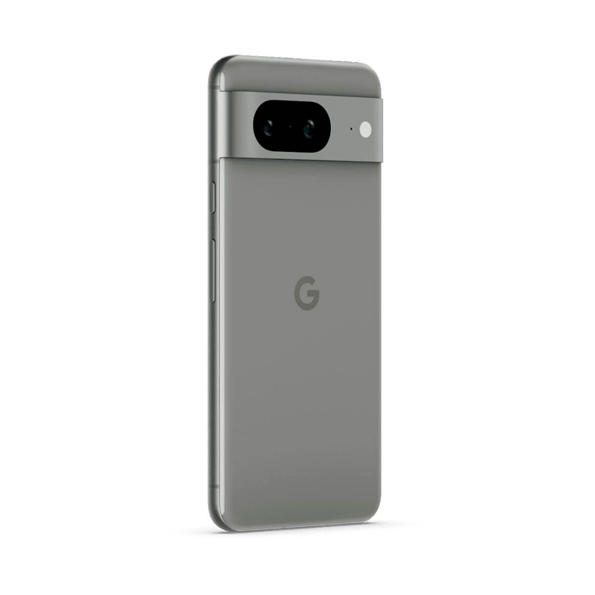 Vista posteriore di uno smartphone Google Pixel grigio con barra della fotocamera orizzontale e logo Google.