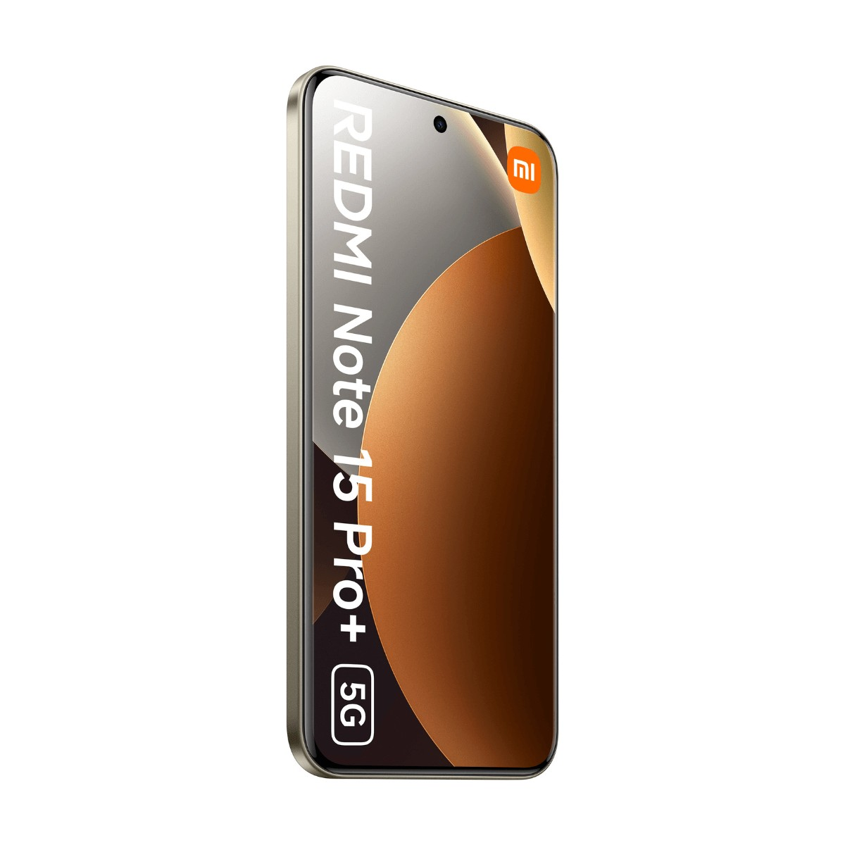 Vista frontale dello smartphone Redmi Note 15 Pro+ 5G con testo sullo schermo su sfondo marrone.