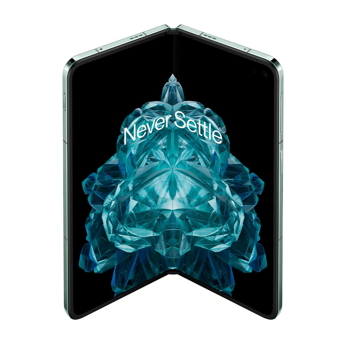 Un smartphone pliable vert ouvert affiche un graphique en cristal bleu et le texte Never Settle.