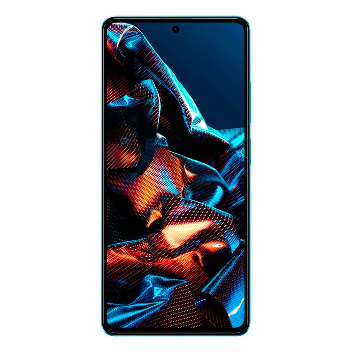 Ein Smartphone mit einer blauen und orangen abstrakten Stoffgrafik auf dem Bildschirm und einem hellblauen Rand.