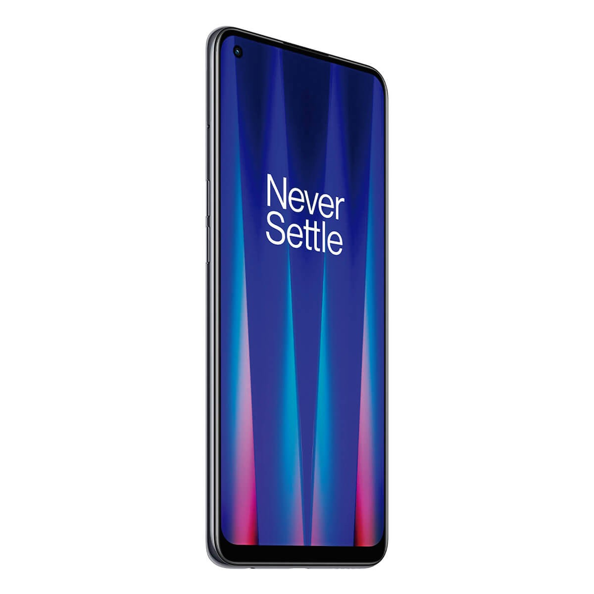Un teléfono inteligente muestra una pantalla azul con el texto Never Settle sobre fondo blanco.