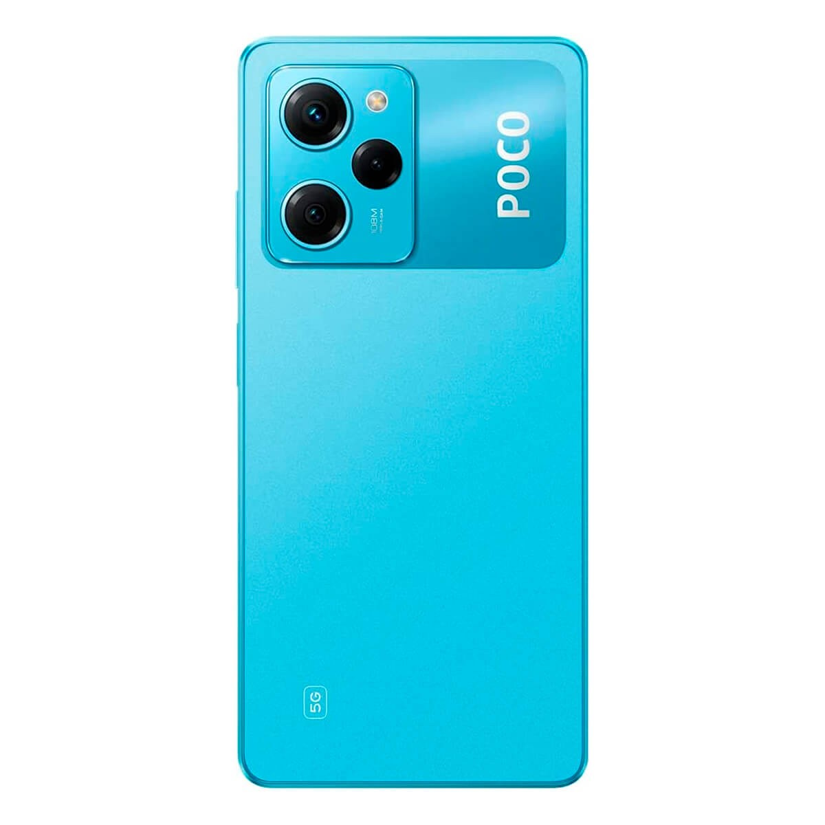 Blaue Rückseite eines Poco-Smartphones mit dreifacher Kamera und großer weißer Aufschrift.