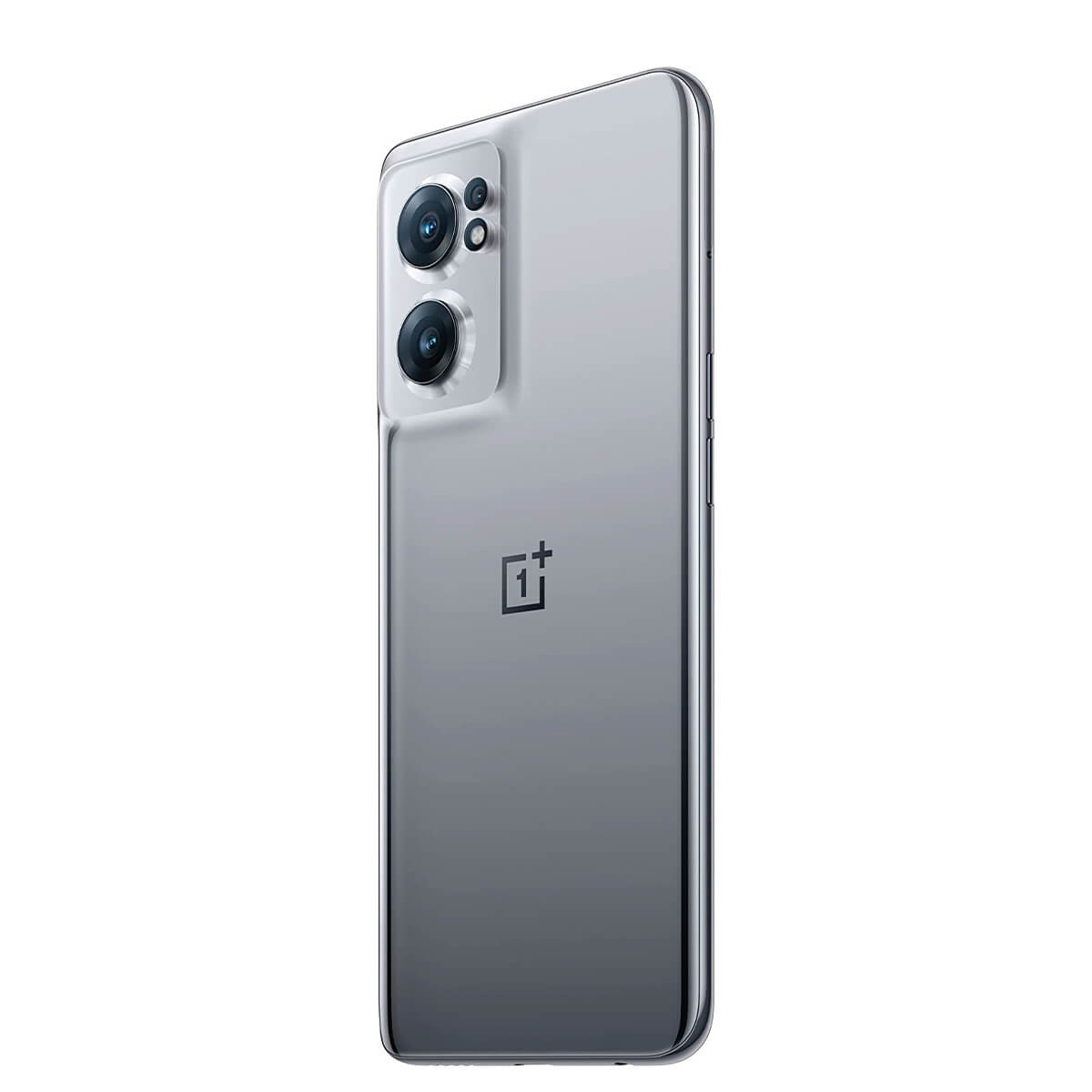 Parte trasera de un teléfono inteligente plateado con cámara dual y logotipo de OnePlus.