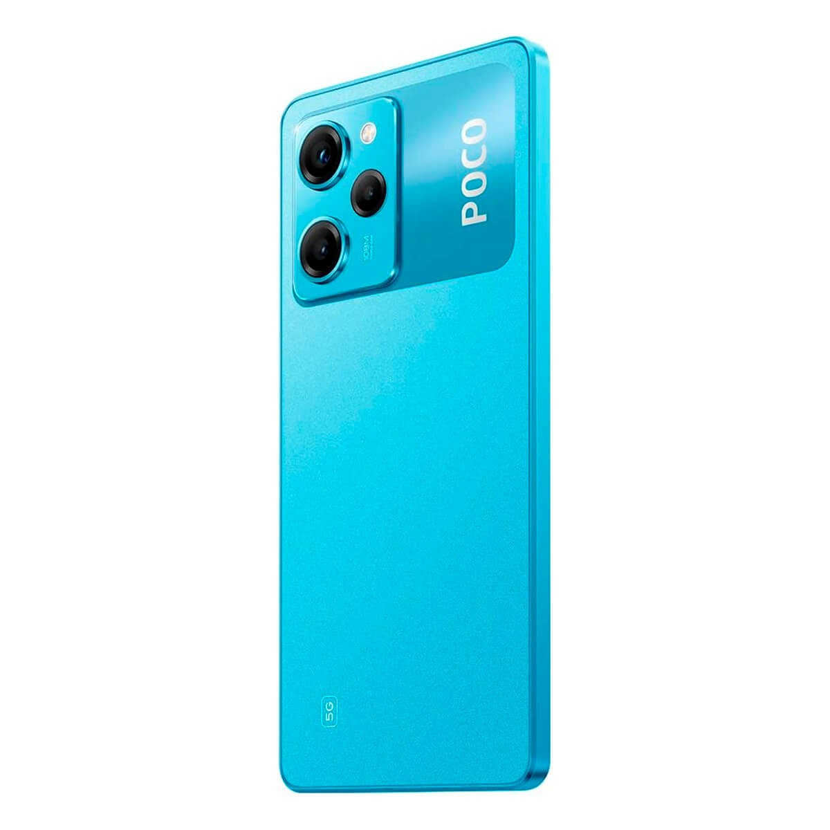 Blaue Rückseite eines POCO-Smartphones mit Triple-Kamera und Poko-Logo.