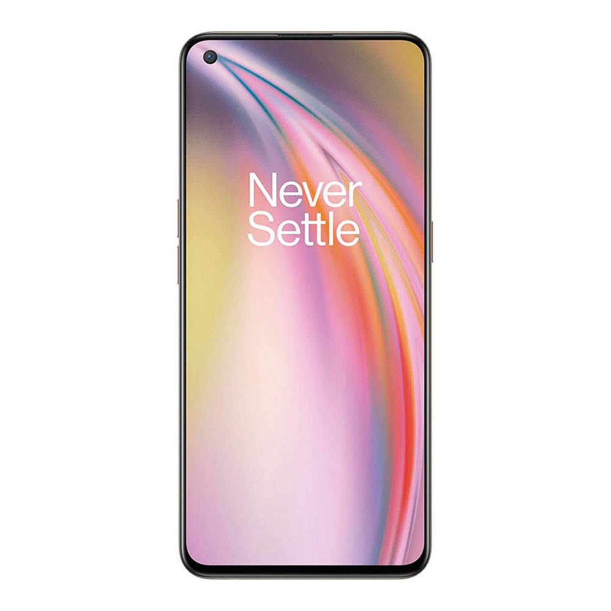 Ein schwarzes Smartphone mit einem bunten abstrakten Hintergrundbild und dem Text Never Settle auf dem Bildschirm.