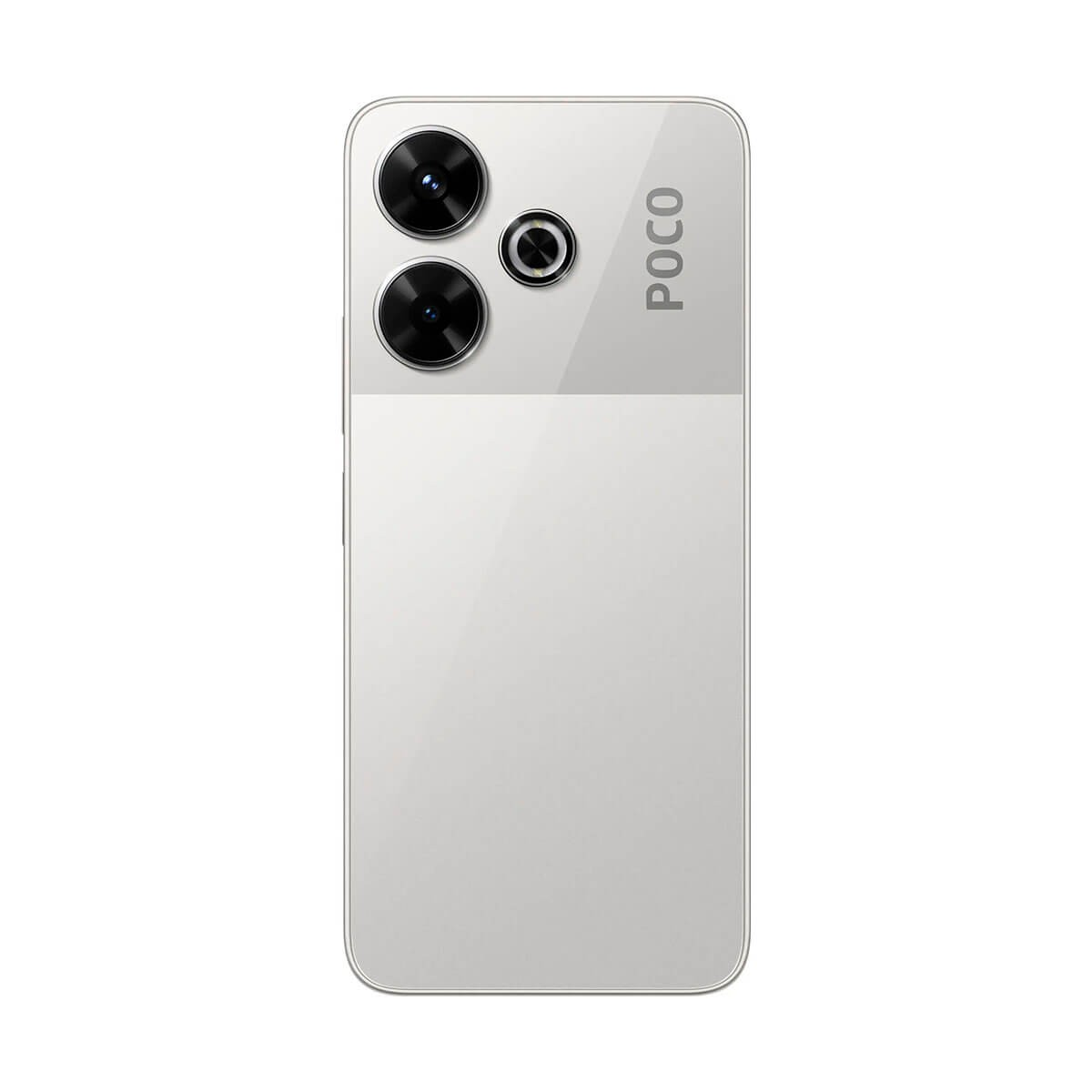 Retro di uno smartphone POCO bianco con due grandi obiettivi fotografici e un flash in alto a sinistra.