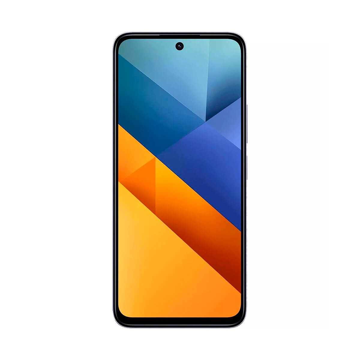 Uno smartphone con uno sfondo geometrico blu e arancione sullo schermo.