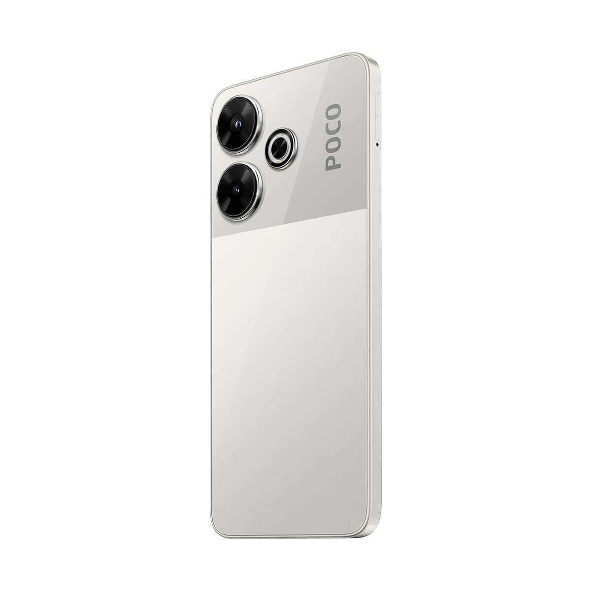 Uno smartphone Poco bianco con doppia fotocamera e flash su sfondo bianco.