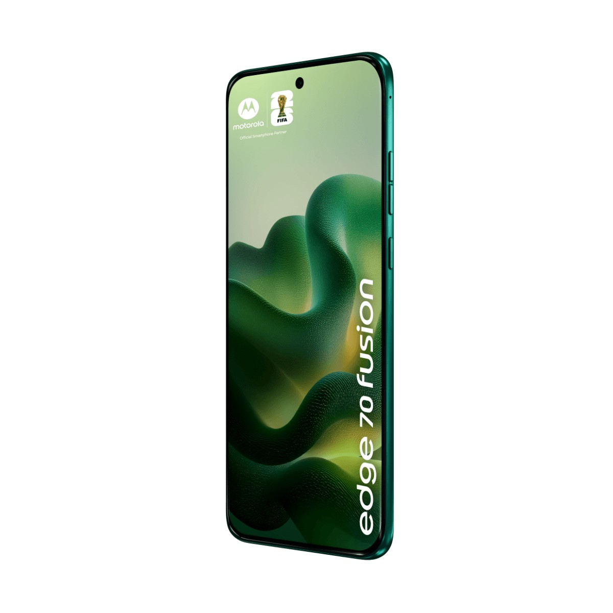 Smartphone Motorola Edge 70 Fusion verde, con sfondo astratto verde e loghi Motorola e FIFA.