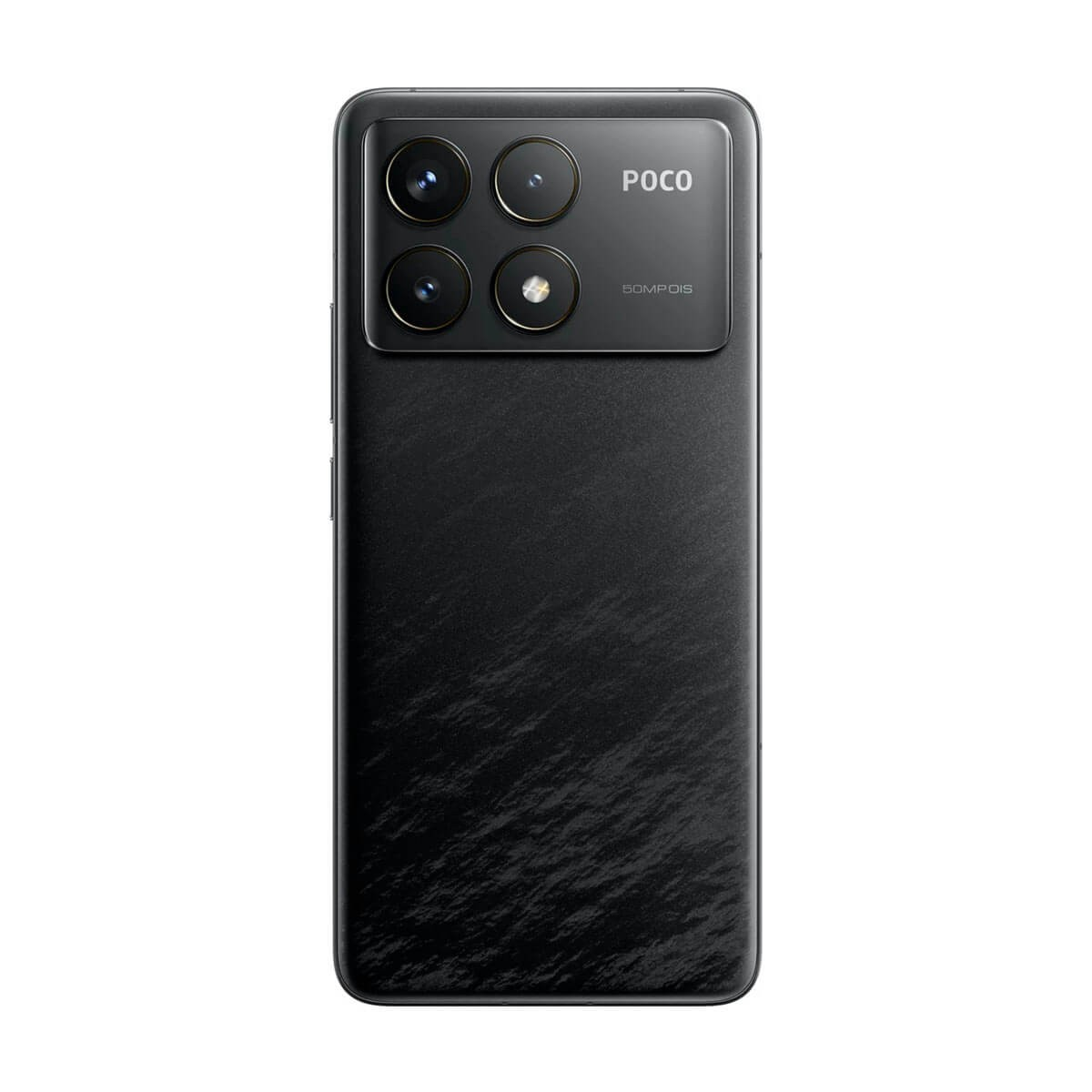 Parte trasera de un smartphone Poco negro que muestra un módulo de cámara rectangular con cuatro lentes.