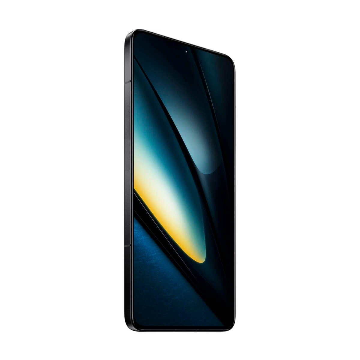 Un teléfono inteligente negro con un gráfico abstracto curvado en azul y amarillo en la pantalla.