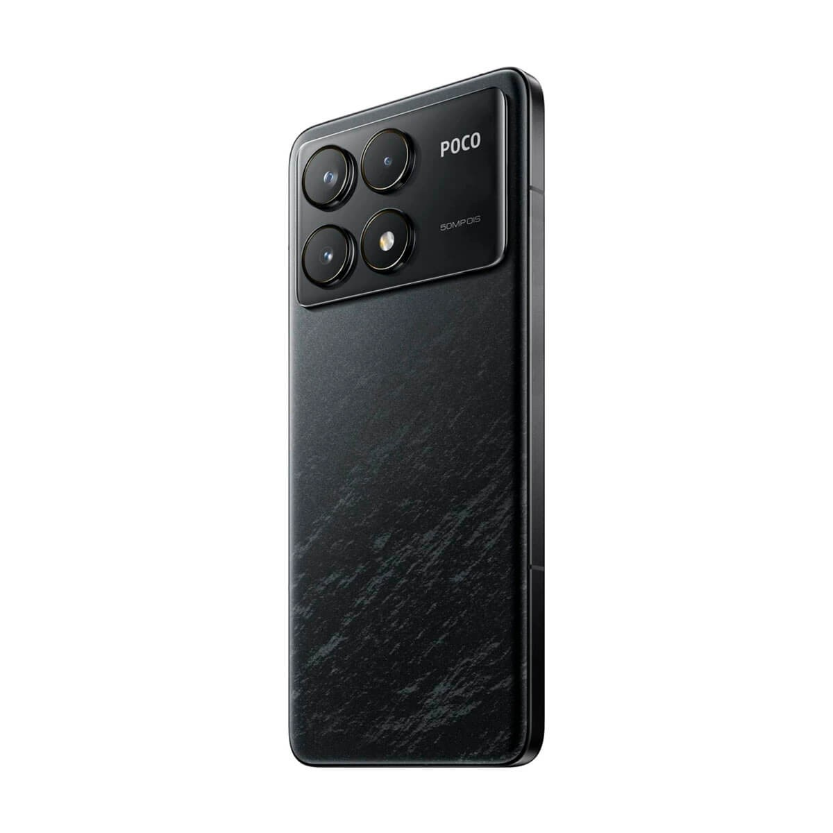 Vista trasera de un smartphone Poco negro con textura marmolada y un módulo de cámara cuádruple rectangular.