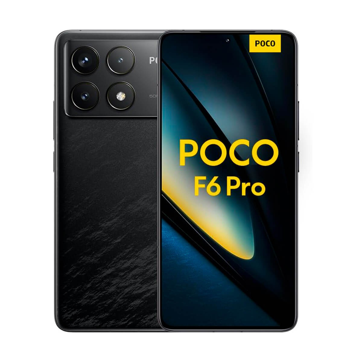 El smartphone POCO F6 Pro muestra POCO F6 Pro en pantalla con una parte trasera negra texturizada y cámara cuádruple.