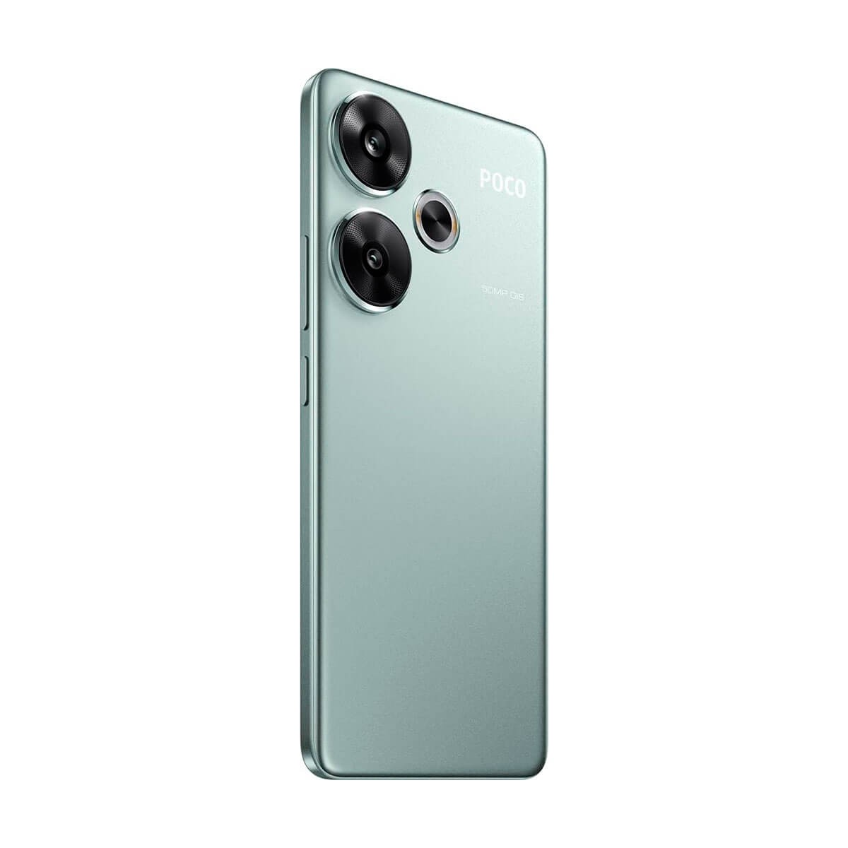 Retro di uno smartphone POCO verde menta con due grandi obiettivi fotografici e il logo.
