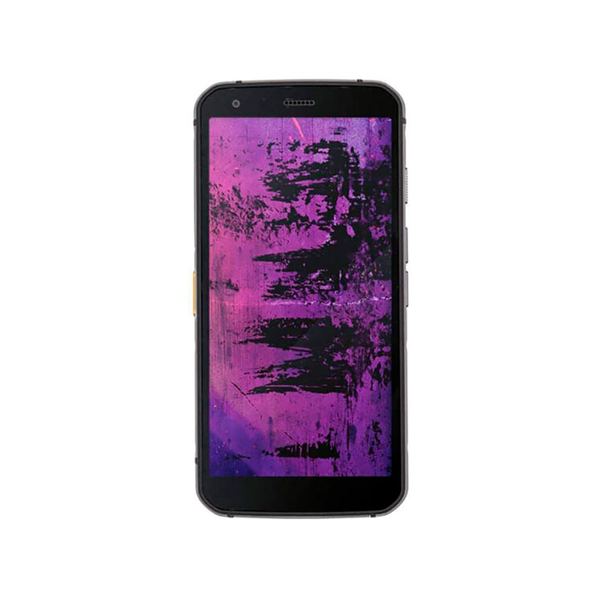 Ein Smartphone mit einem schwarzen Gehäuse und einem Bildschirm, der ein abstraktes, violett-schwarzes Muster zeigt.