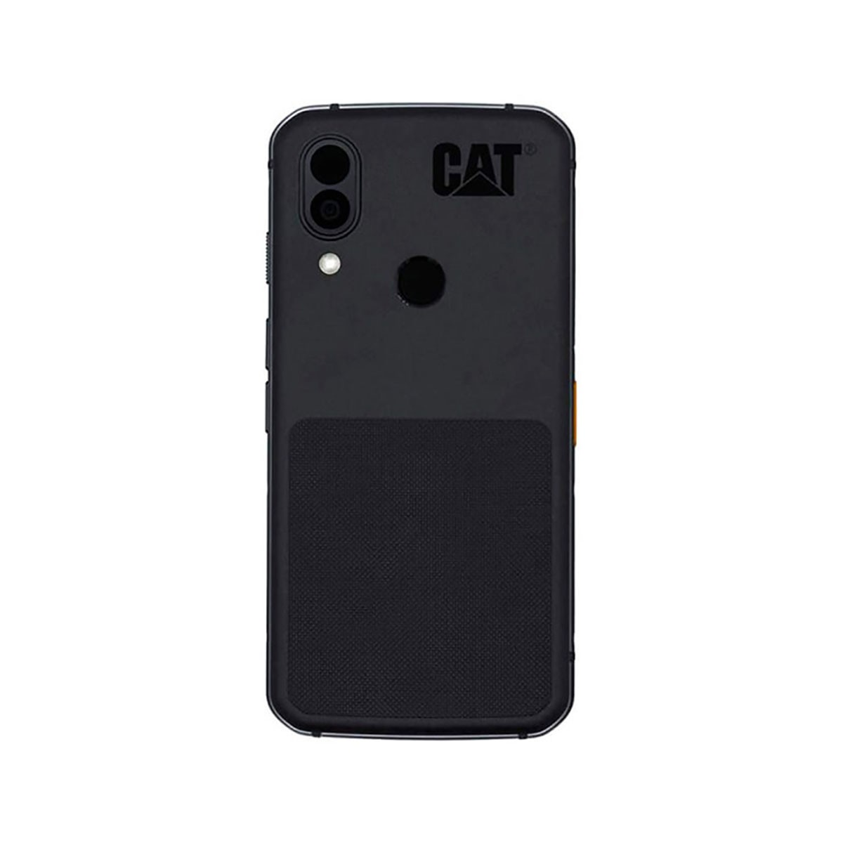 Rückseite eines schwarzen CAT-Smartphones mit vertikaler Doppelkamera, Blitz, Fingerabdrucksensor und strukturiertem Unterteil.