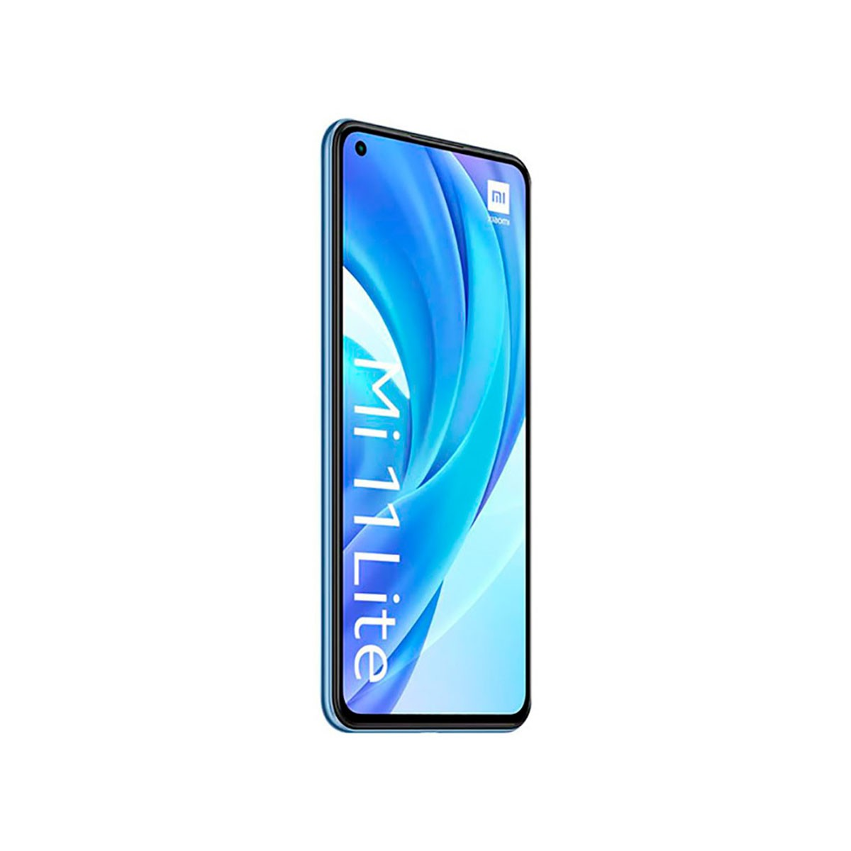 Uno smartphone Xiaomi Mi 11 Lite blu mostra uno sfondo blu vorticoso e la scritta Mi 11 Lite.