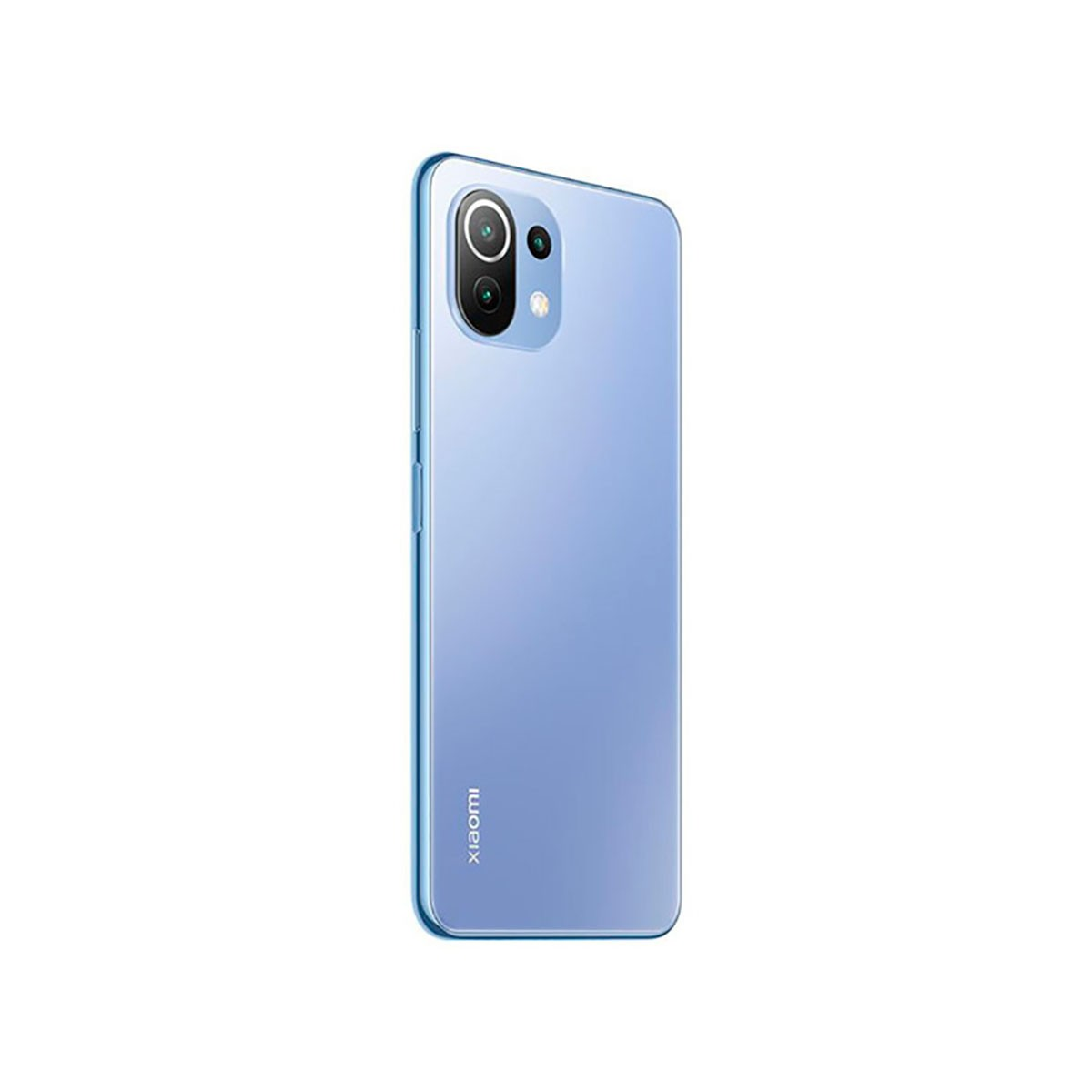 Uno smartphone Xiaomi azzurro chiaro con una doppia fotocamera sul retro si trova su sfondo bianco.