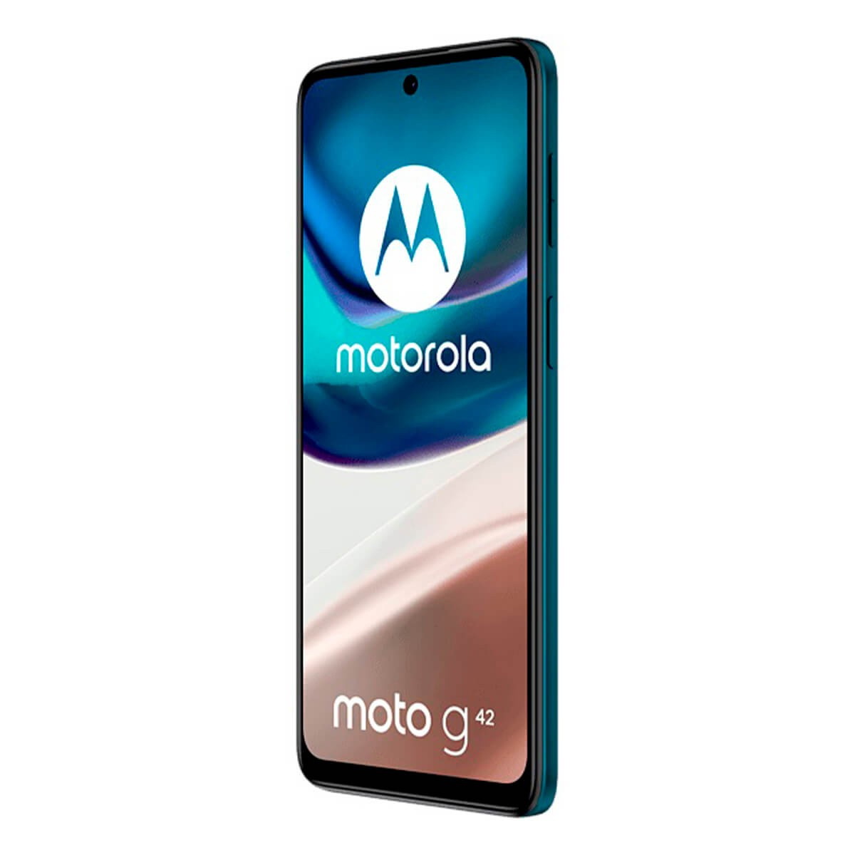 Uno smartphone Moto G42 su sfondo bianco mostra il logo Motorola sullo schermo.