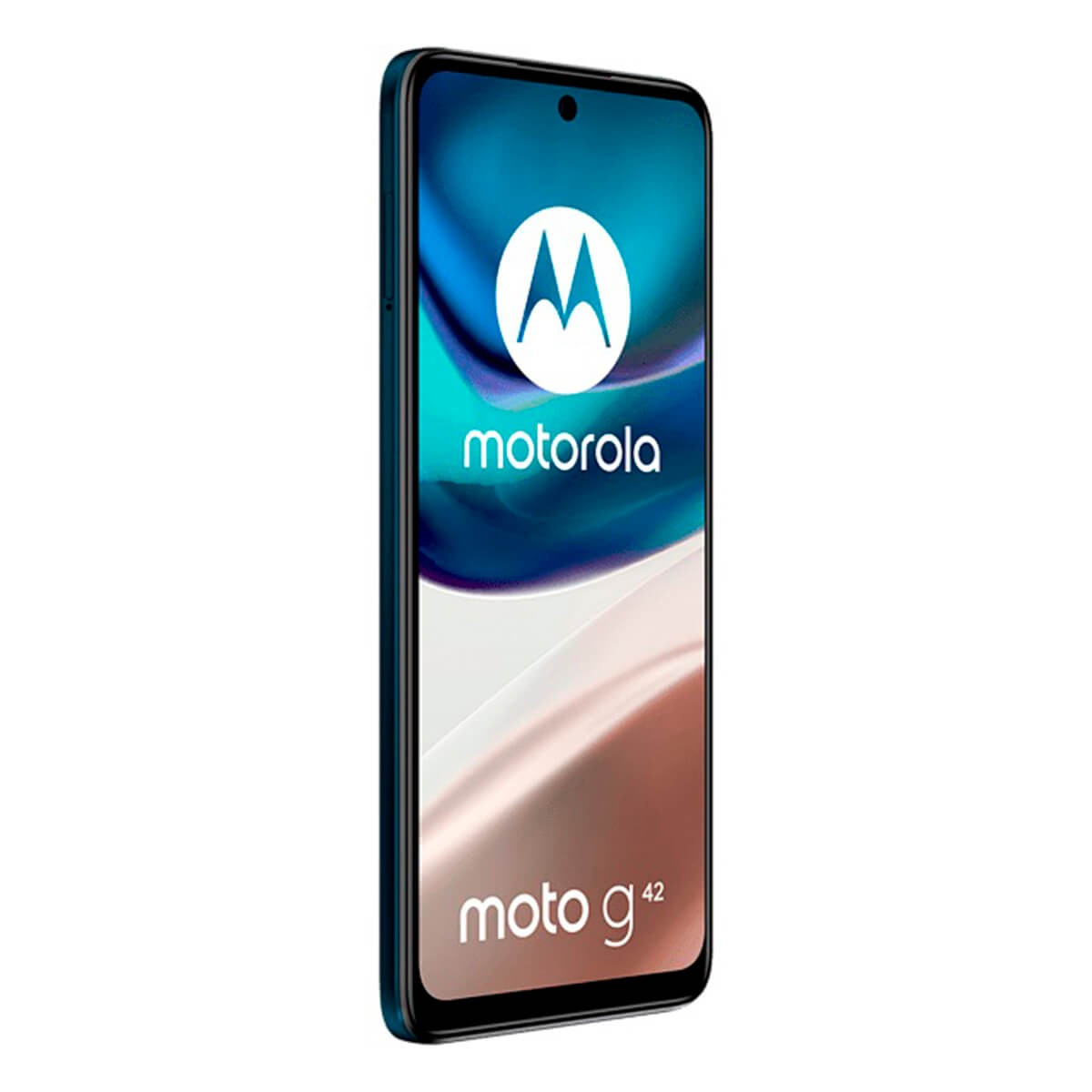 Vista frontale dello smartphone Motorola Moto G42 con schermata iniziale su sfondo bianco.