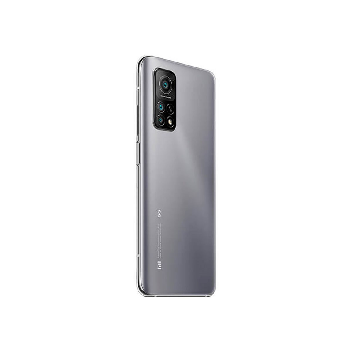 Vista posteriore di uno smartphone grigio con modulo fotocamera verticale su sfondo bianco.