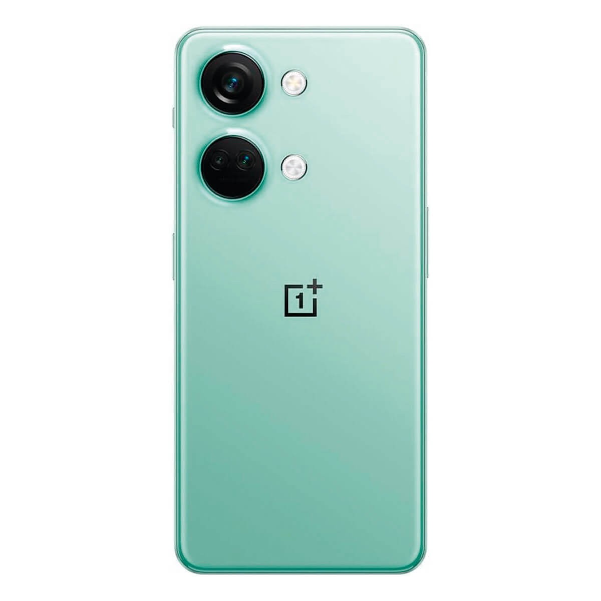 Rückseite eines mintgrünen Smartphones mit zwei kreisrunden Kameramodulen, zwei LEDs und dem OnePlus-Logo.