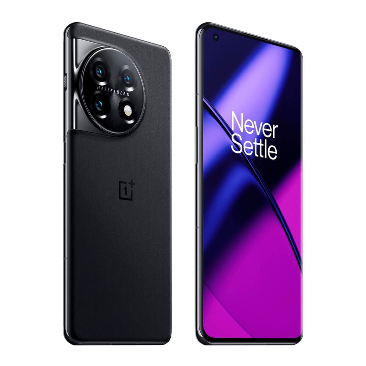 Deux smartphones OnePlus noirs côte à côte, l'un montrant l'appareil photo arrière et l'autre l'écran.