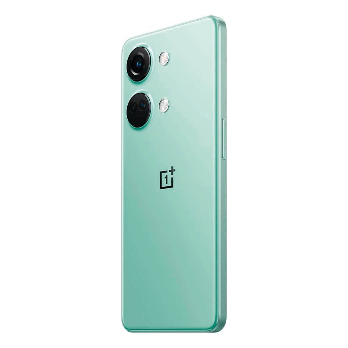 Eine hellgrüne Smartphone-Rückseite mit Dual-Kamera, Blitzlicht und dem OnePlus-Logo auf weißem Hintergrund.