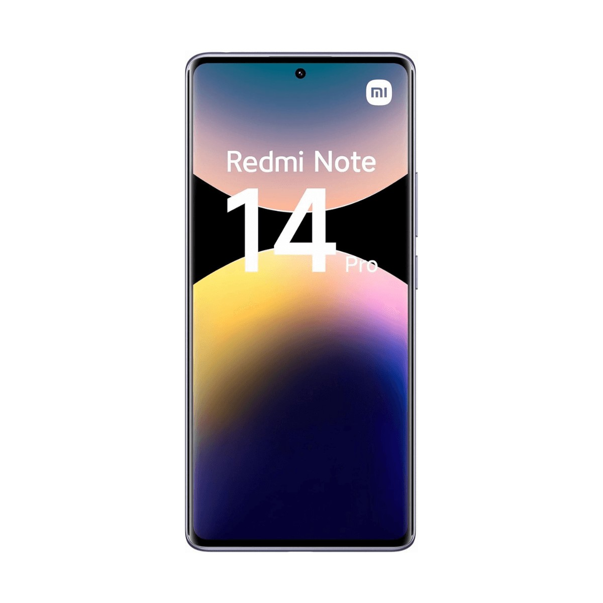 Vista frontale dello smartphone Xiaomi Redmi Note 14 Pro con display colorato e nome del marchio stampato.