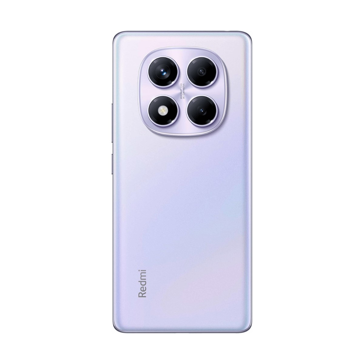 Retro di uno smartphone Redmi viola chiaro con un grande modulo fotocamera quadrato e quattro obiettivi.