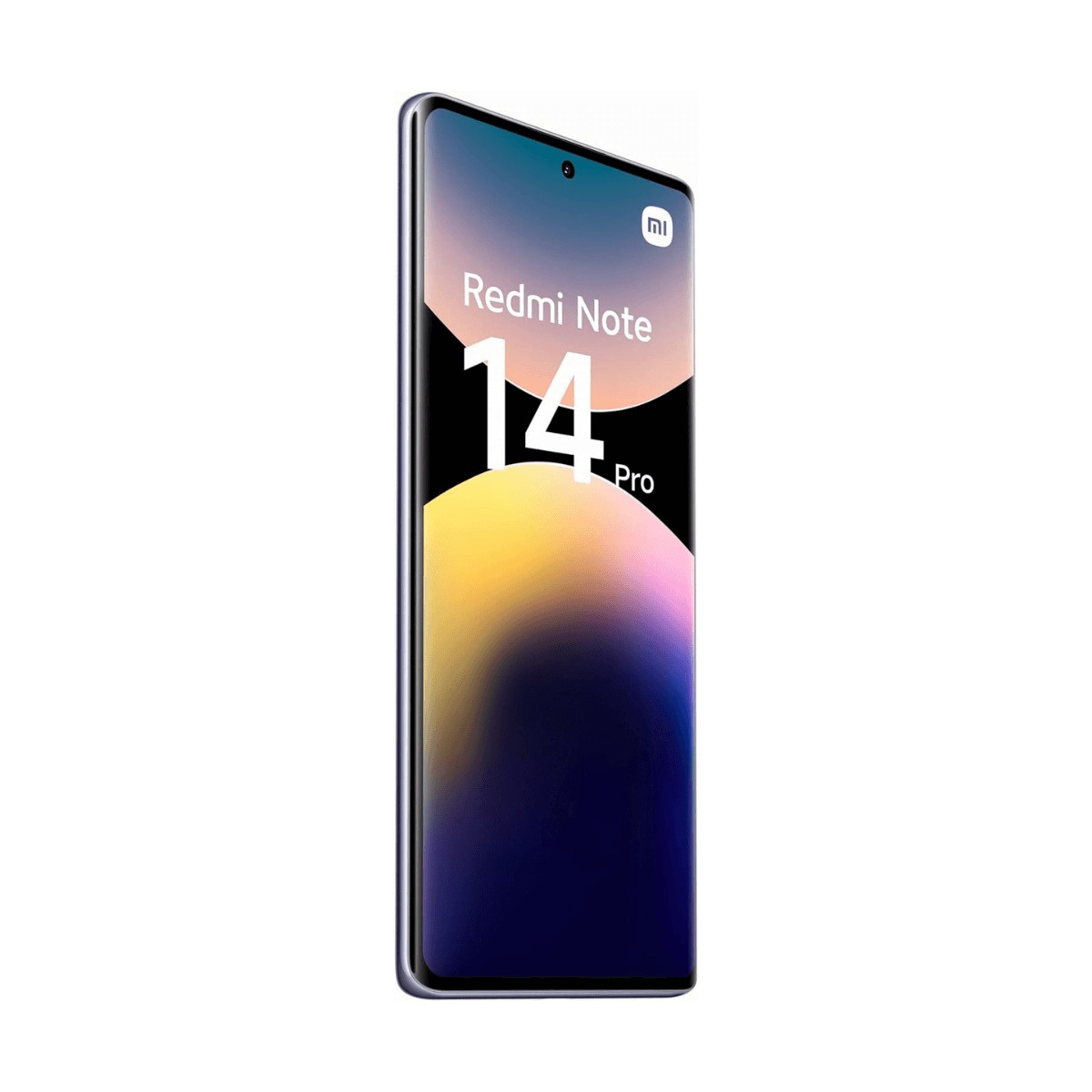 Vista laterale di uno smartphone con Redmi Note 14 Pro su sfondo sfumato.