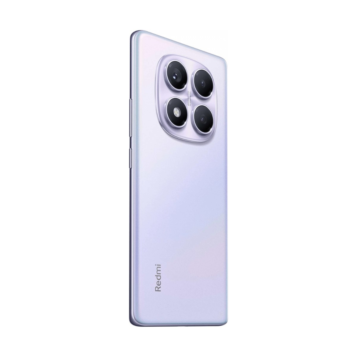 Retro di uno smartphone Redmi viola chiaro con modulo quadrato a quattro fotocamere.
