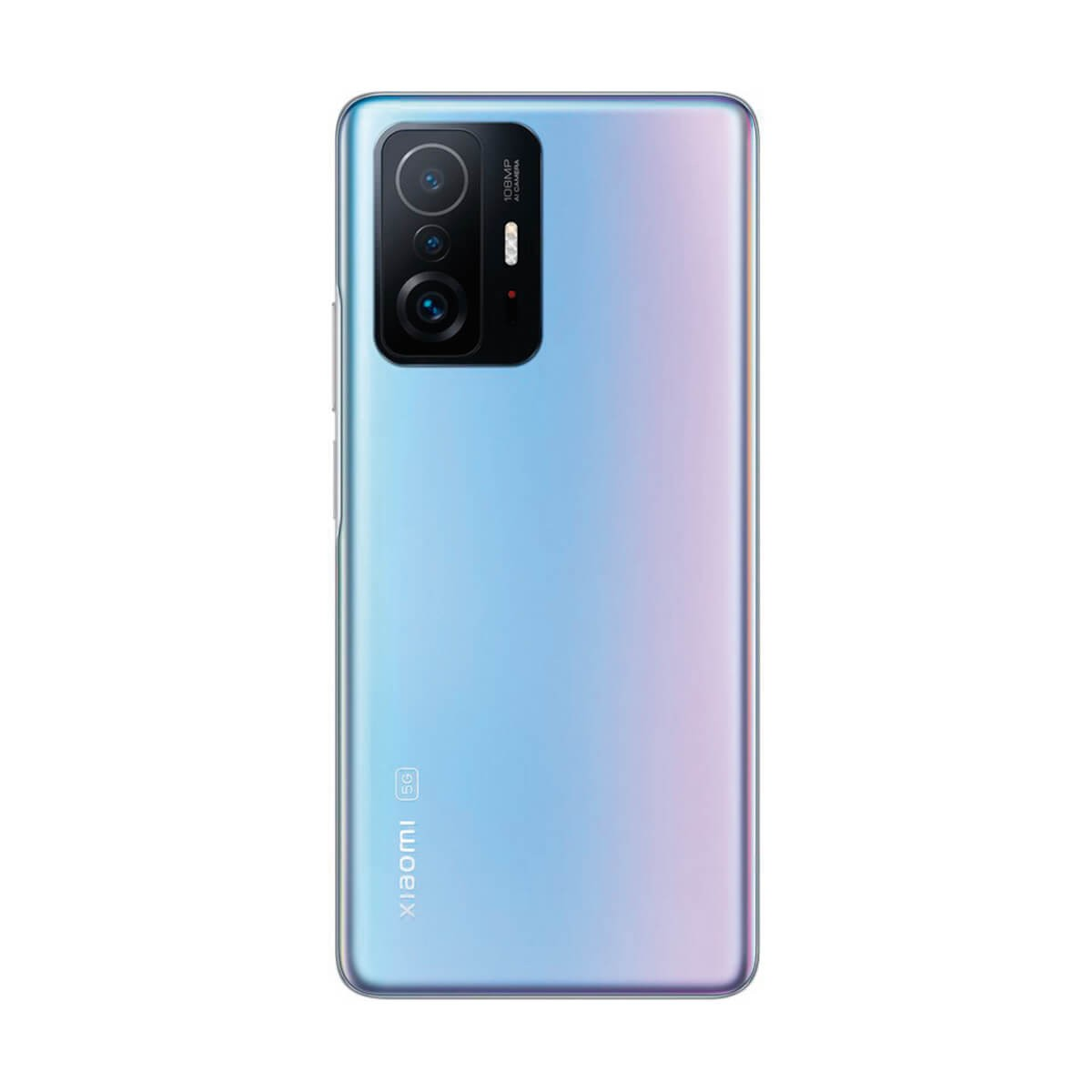 Vista trasera de un smartphone Xiaomi con cámara AI de 108MP en acabado degradado azul y púrpura.