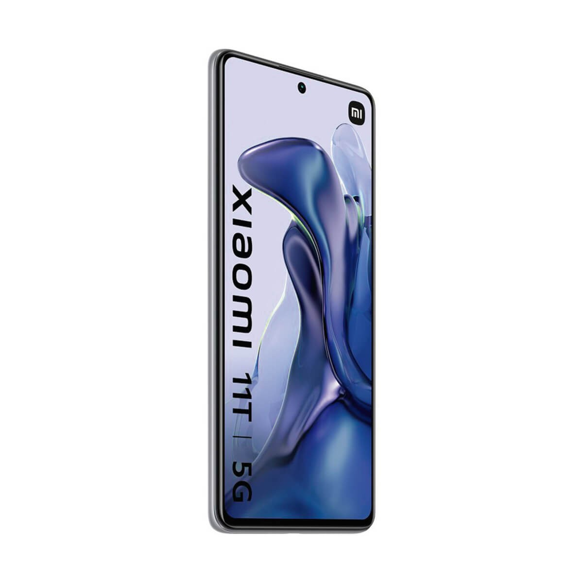 Un teléfono inteligente Xiaomi 11T 5G gris muestra un fondo de pantalla morado abstracto.