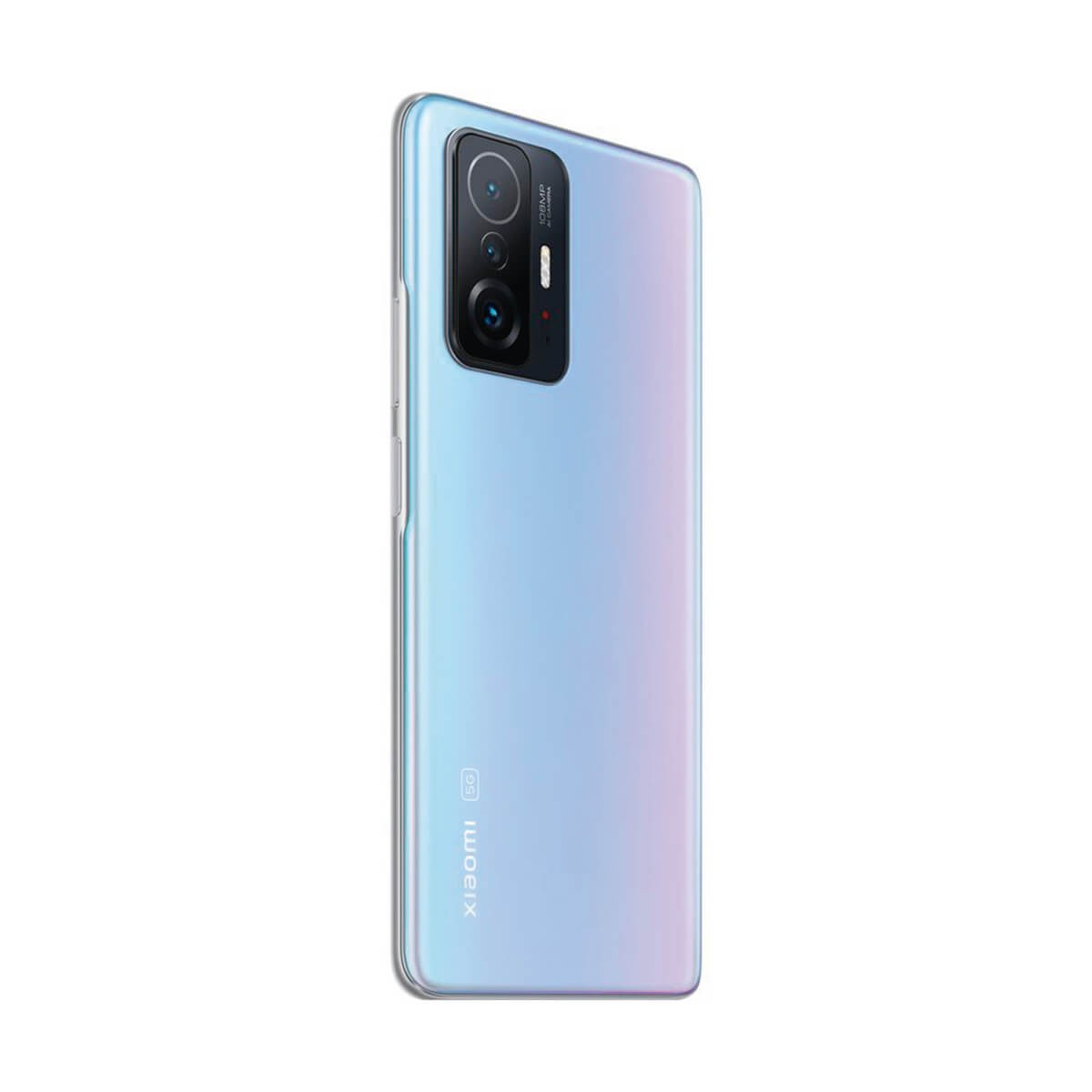 Parte trasera de un smartphone Xiaomi 5G azul claro con un módulo de cámara rectangular sobre fondo blanco.