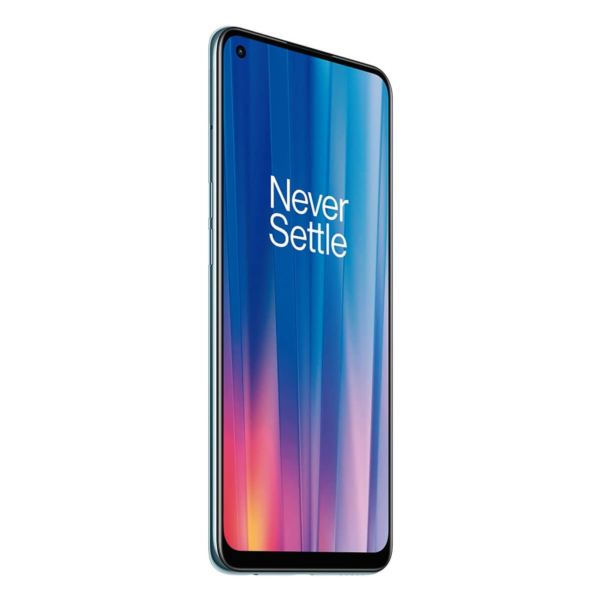 Uno smartphone con sfondo sfumato blu e la scritta Never Settle.